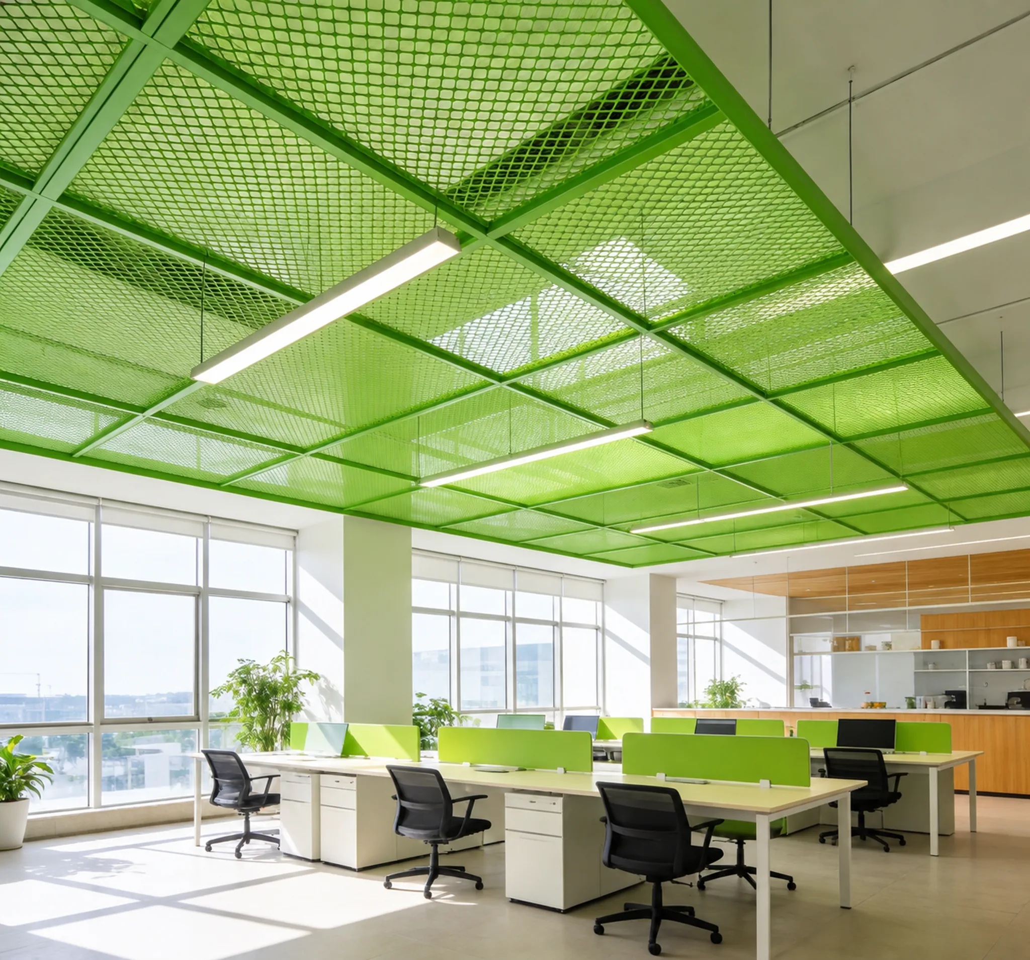 Green expanded metal ceiling in a framed office interior, shown as a visual reference